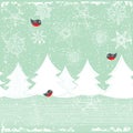 Seamless Christmas background with decorative Christmas trees, with winter forest and birds Royalty Free Stock Photo